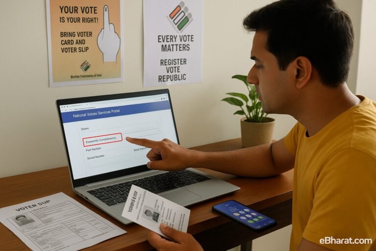 A realistic photo of an Indian citizen at home using a laptop with the NVSP portal open, showing constituency details mapped from an address. The person points to the “Assembly Constituency” field on the screen, while a printed voter slip and a smartphone with the Voter Helpline app lie on the desk. Election posters are visible in the background, with a subtle eBharat.com watermark at the bottom right.
