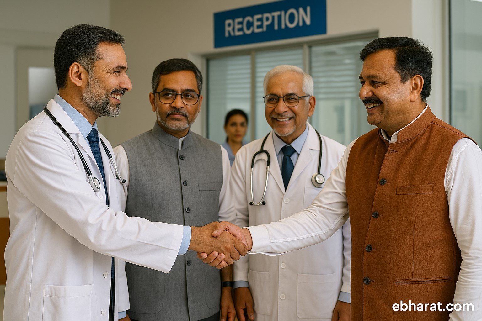 Doctors and government officials announcing the end of strike in Haryana, restoring Ayushman Bharat services in private hospitals.