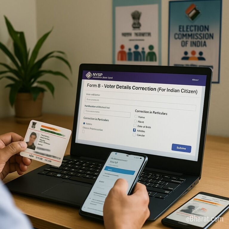: An Indian citizen holding an Aadhaar card while using a laptop to fill Form 8 on the NVSP portal for gender correction, with election posters visible in the background.