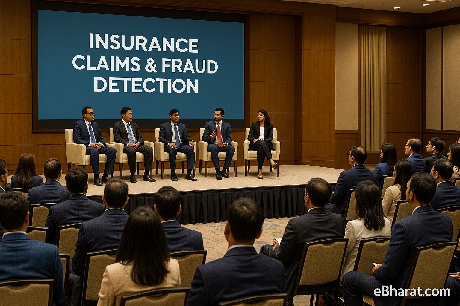 : Business conference panel discussing insurance claims and fraud detection strategies.