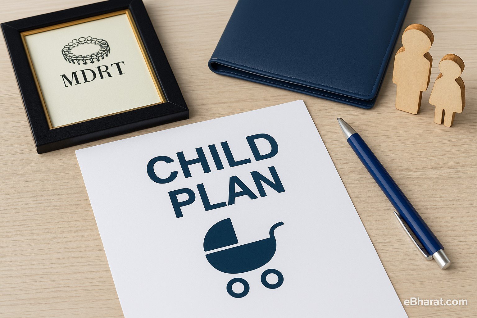 Flat lay of a Child Plan document with a baby stroller icon, an MDRT certificate frame, wooden family figurines, and a pen on a wooden desk, symbolizing LIC insurance planning.