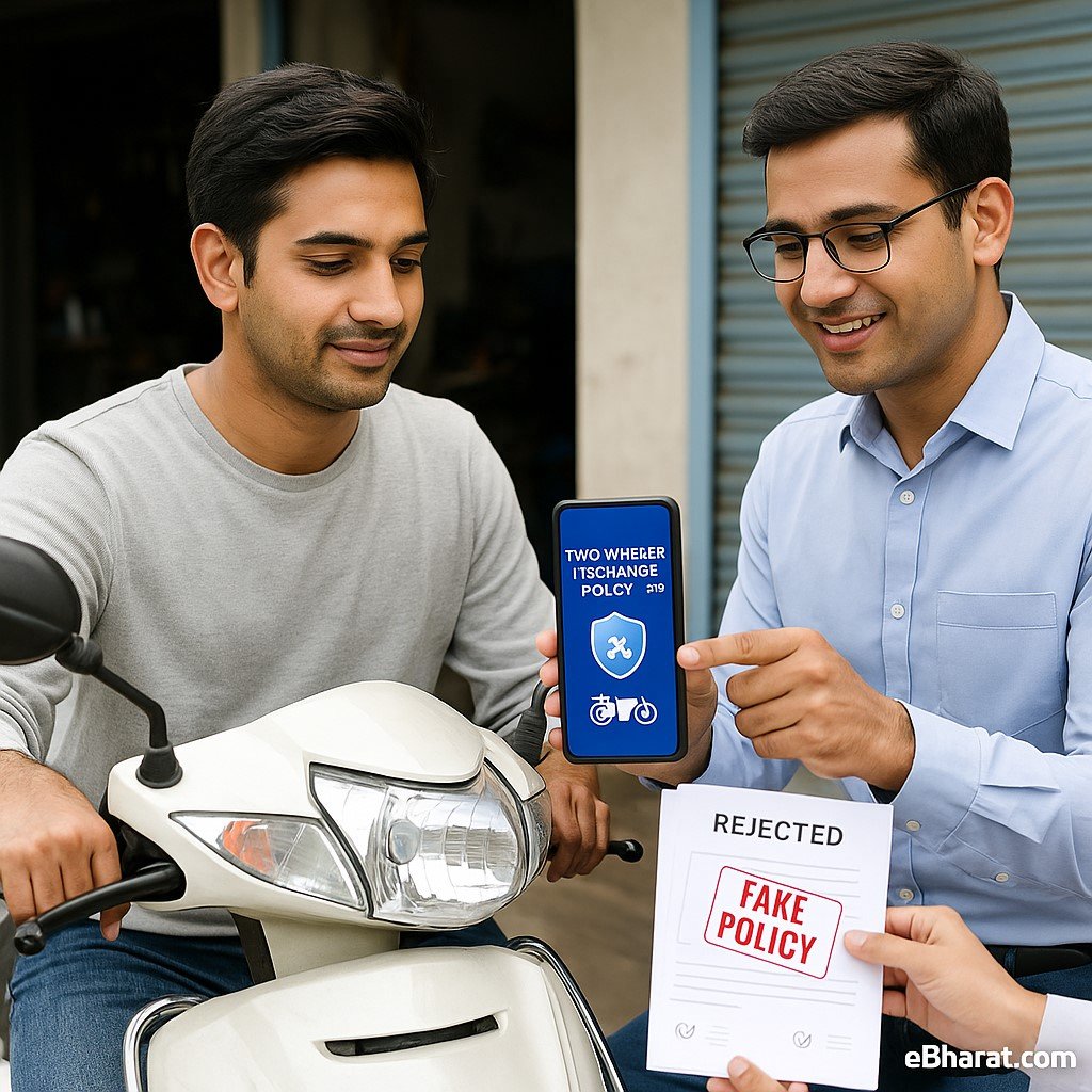 Indian scooter owner reviewing two-wheeler insurance policy on smartphone with advisor, symbolizing coverage and costs in 2025.