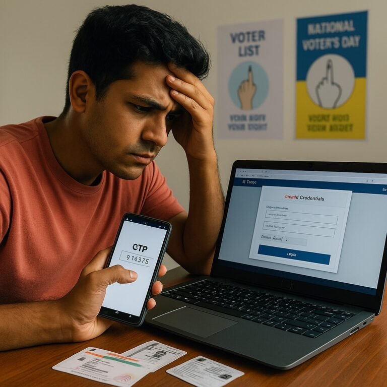 “Indian citizen facing NVSP login problem on laptop with error message, smartphone showing OTP screen, documents on desk.”
