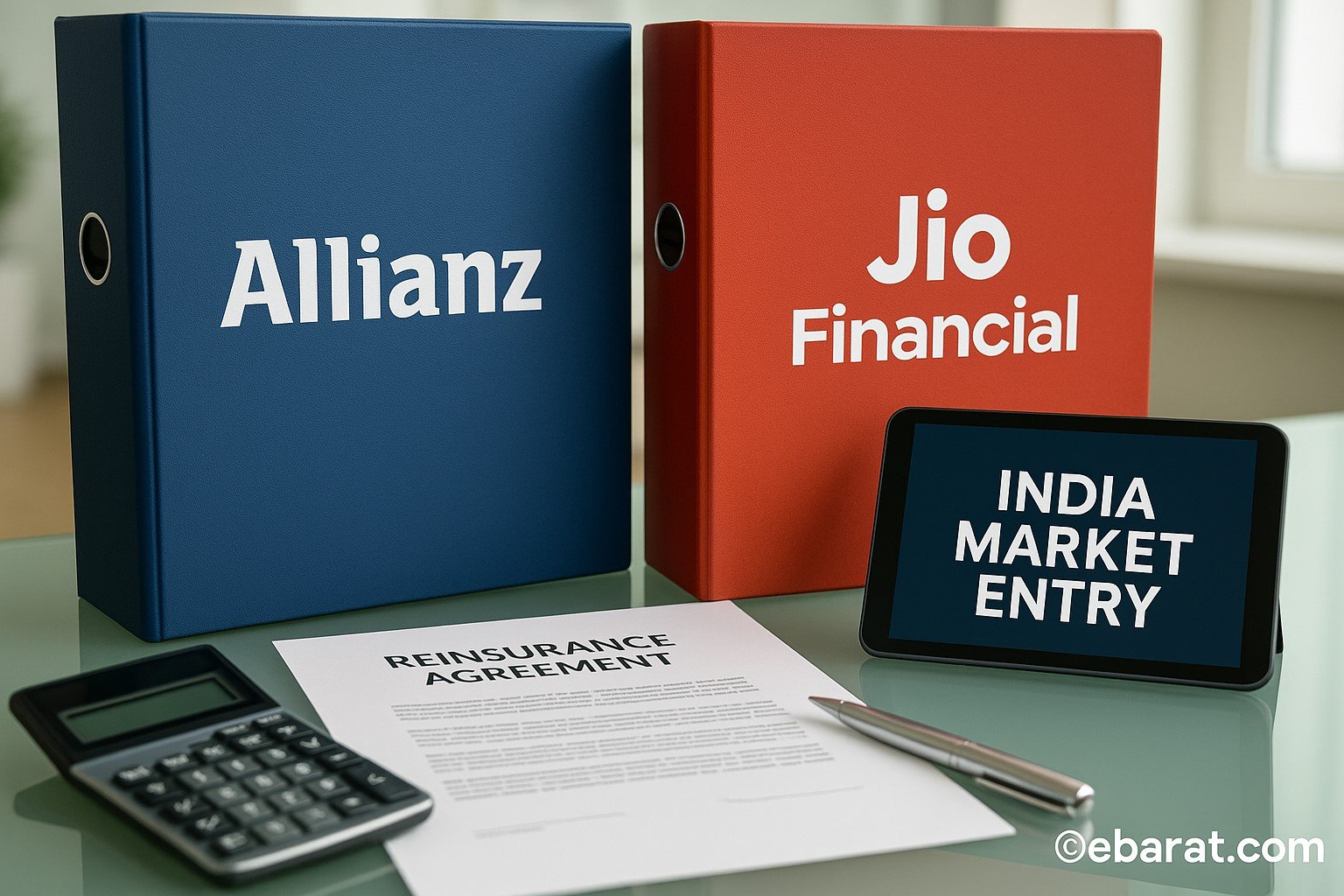 A professional office desk featuring two branded files labeled “Allianz” and “Jio Financial,” placed beside a printed reinsurance agreement and a tablet screen displaying “India Market Entry.” Bright indoor lighting, no human faces.