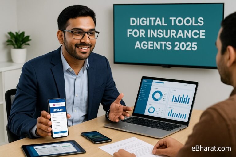 An Indian HDFC Life agent at a desk using multiple digital tools like CRM, mSmart app, and WhatsApp to explain insurance plans to a client in 2025.