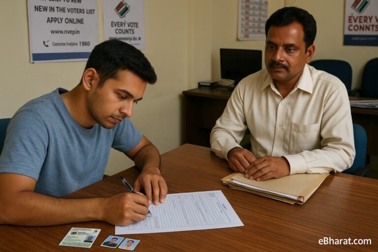 Indian citizen filling out Form 6 for Voter ID at a government office desk with documents.