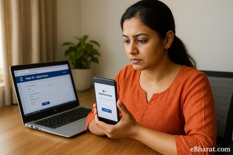 Indian woman linking her mobile number with voter ID online using NVSP portal and OTP verification, with eBharat.com watermark.