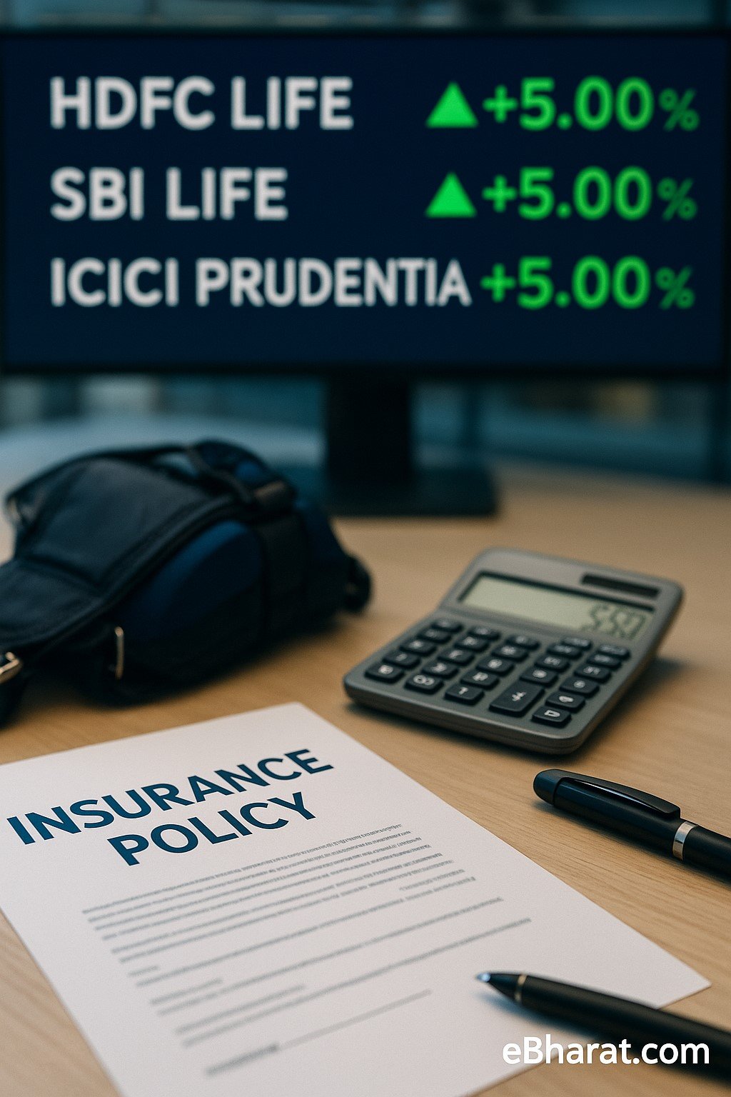 Stock market screen showing insurance stocks rising with insurance policy document and calculator in foreground.