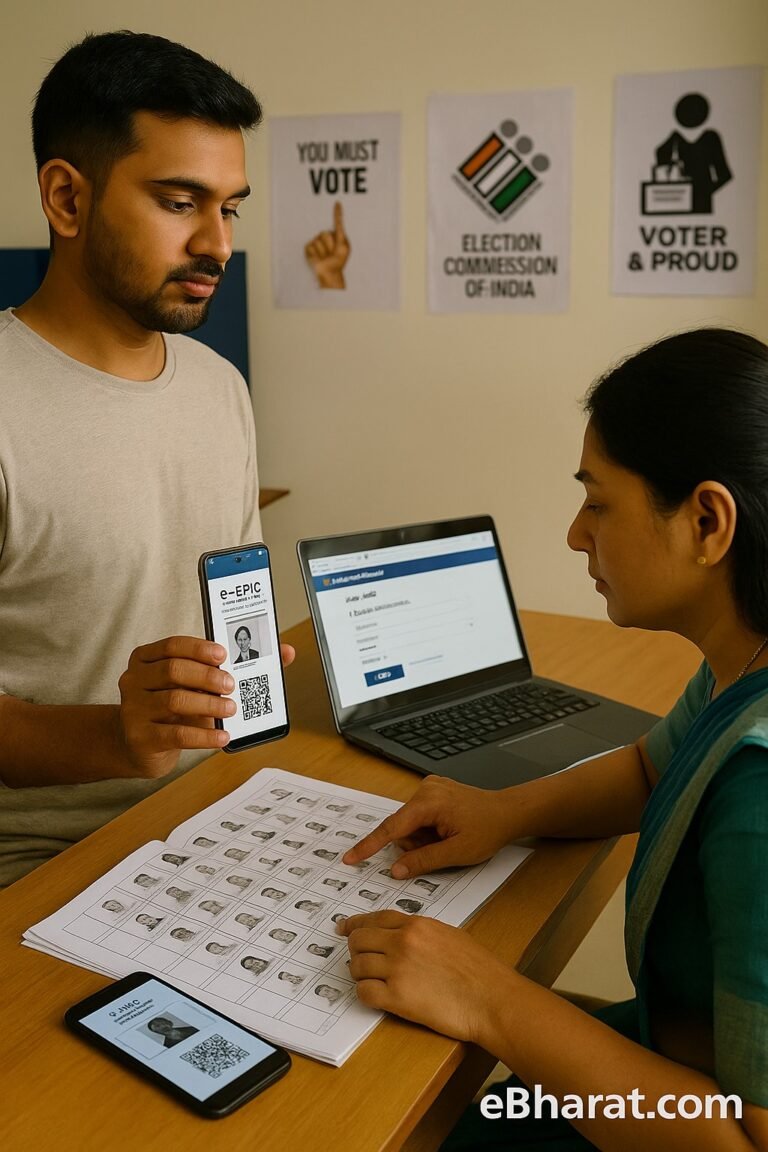 A realistic photo of an Indian voter at a polling booth showing his e-EPIC digital voter ID with a QR code on his smartphone to a female polling officer, who verifies the details against the printed voter list. Election posters are on the wall in the background, with eBharat.com watermark at the bottom right.