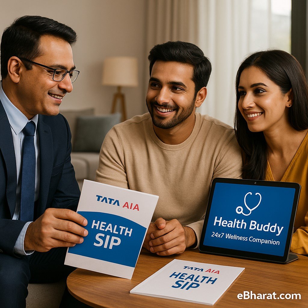 Financial advisor explaining Tata AIA’s Health SIP plan to a young couple with a digital screen showing Health Buddy 24×7 wellness companion.