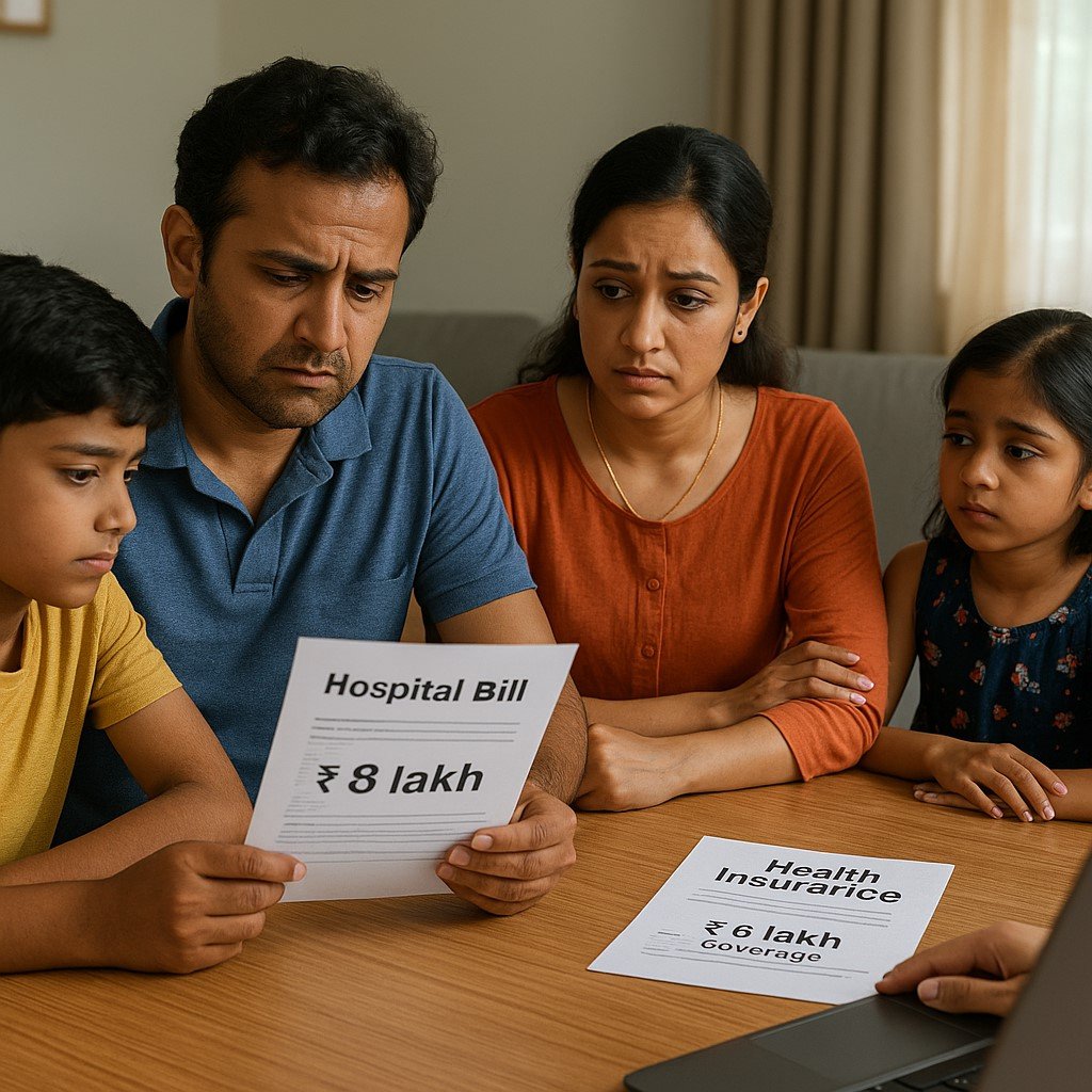 Indian family worried as hospital bill exceeds health insurance coverage, symbolizing the dangers of under-insurance in 2025.