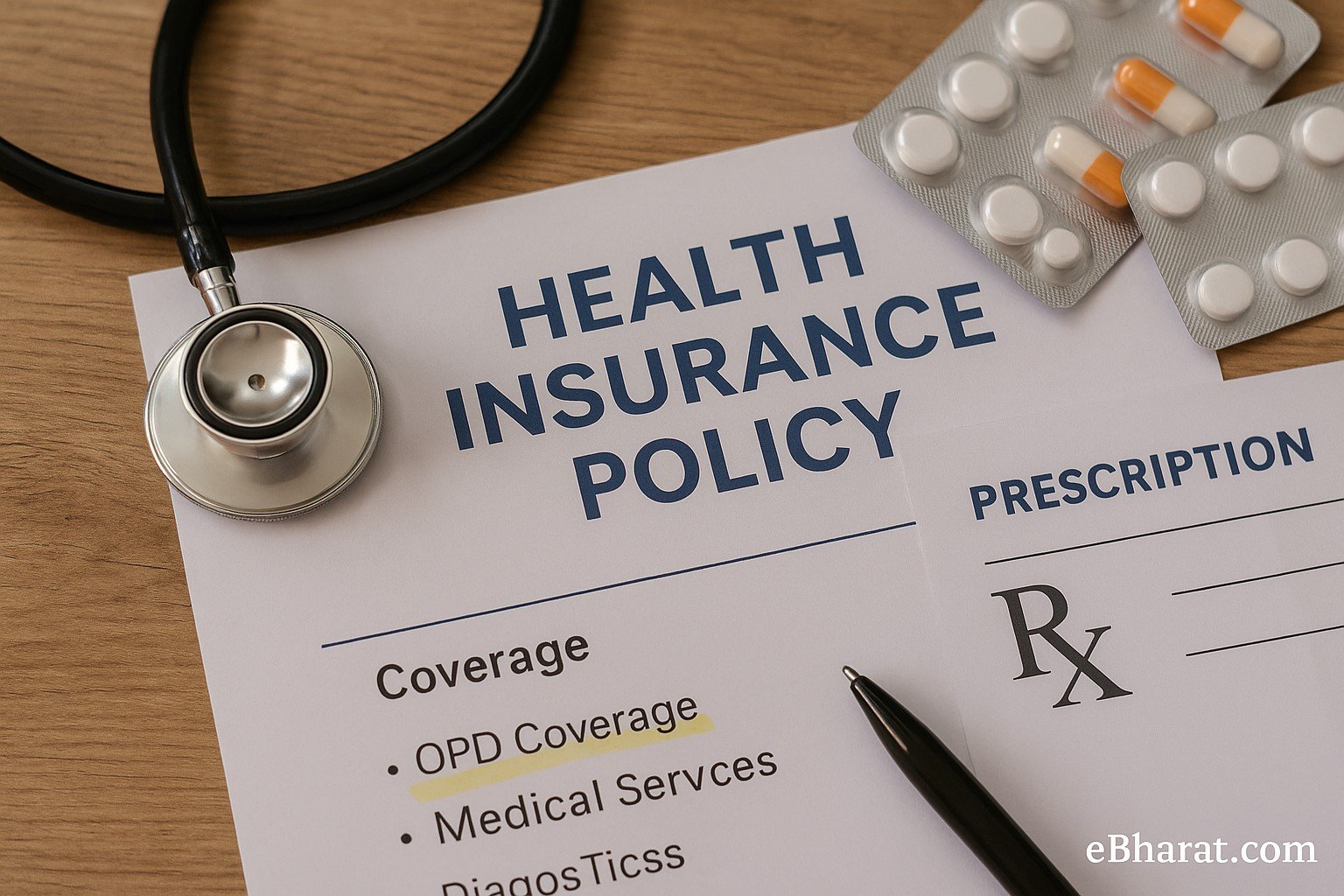 Health insurance policy document with OPD coverage highlighted, medicines and prescription beside it.