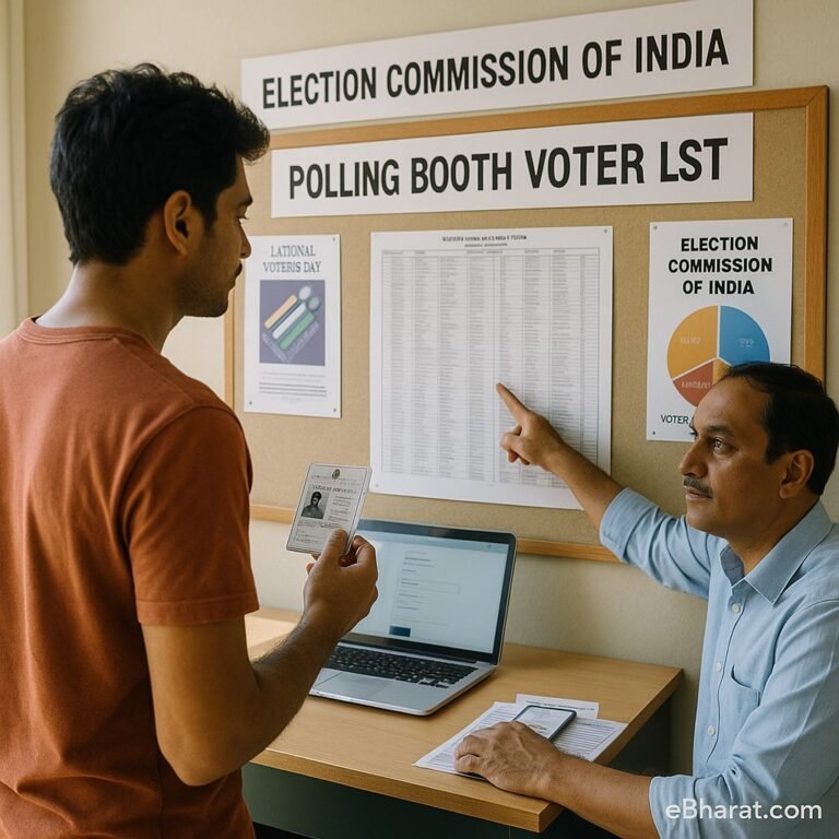An Indian citizen checking the polling booth voter list at a government office helpdesk, with an officer pointing at names on the printed electoral roll. The citizen is holding a voter ID card, election posters and charts visible in the background.