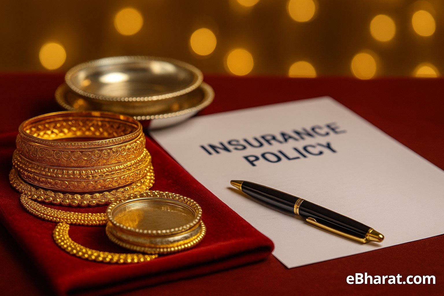 Gold ornaments and silver plates with insurance policy document beside them.