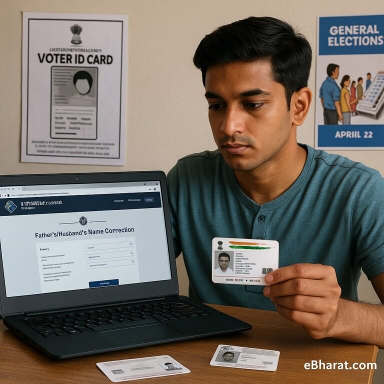 Indian youth correcting father’s name in voter ID online using NVSP portal with Aadhaar card as proof.