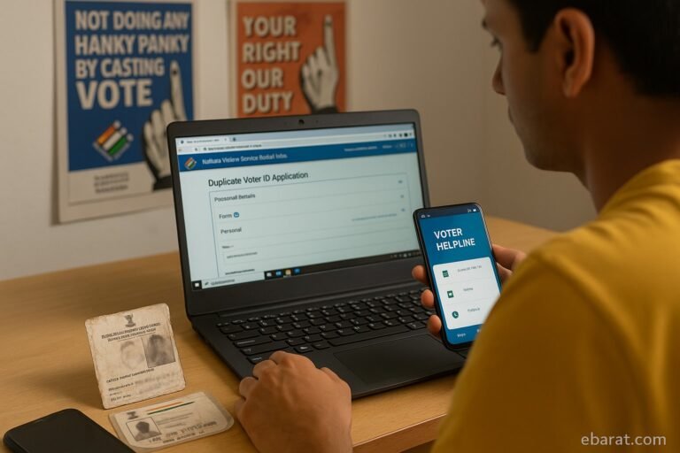 Indian citizen applying for duplicate Voter ID online on NVSP portal with damaged Voter ID card and Voter Helpline app visible.