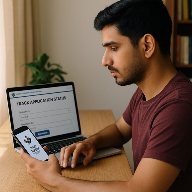 An Indian youth checking voter ID application status online using a laptop and smartphone, NVSP portal and Voter Helpline app visible, with an eBharat.com watermark at the bottom right.