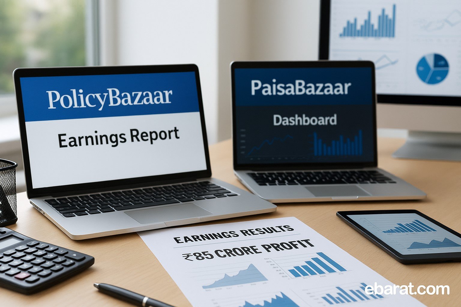 A modern financial analyst’s desk with two laptops displaying PolicyBazaar and PaisaBazaar dashboards, alongside a printed quarterly earnings report showing ₹85 crore profit. Charts and graphs are visible on screen. Bright natural daylight, no human faces.