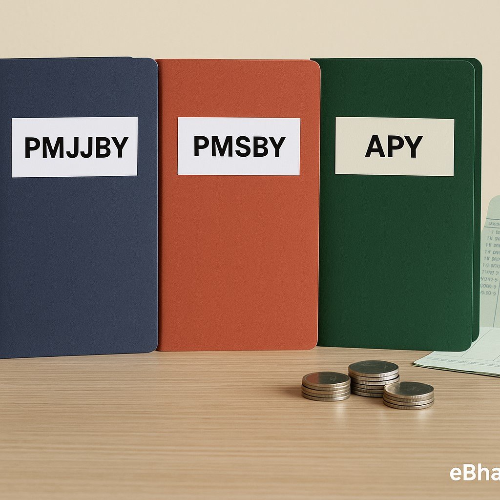 Government scheme folders labeled PMJJBY, PMSBY, and APY with rupee coins and passbook