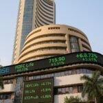 Bombay Stock Exchange building with ticker showing rising insurance stocks like HDFC Life, SBI Life, ICICI Prudential.