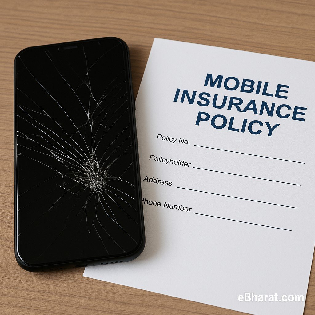 Cracked smartphone next to mobile phone insurance policy