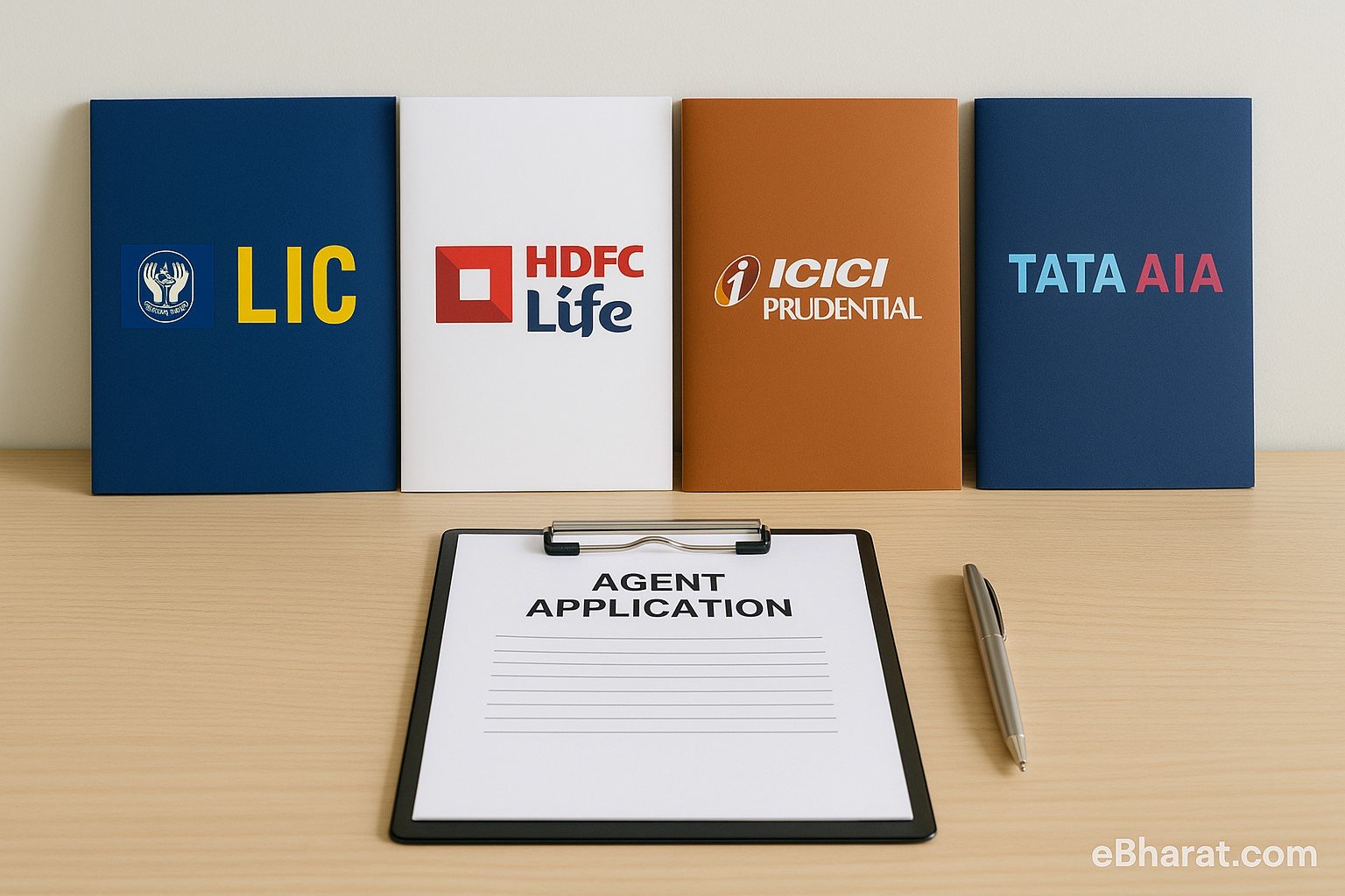 Agent application form and logos of top insurance companies on a desk