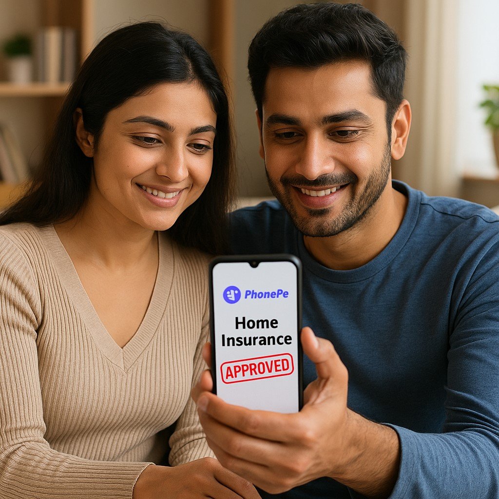 Couple reviewing home insurance policy on PhonePe app, showing “Home Insurance Approved” screen.