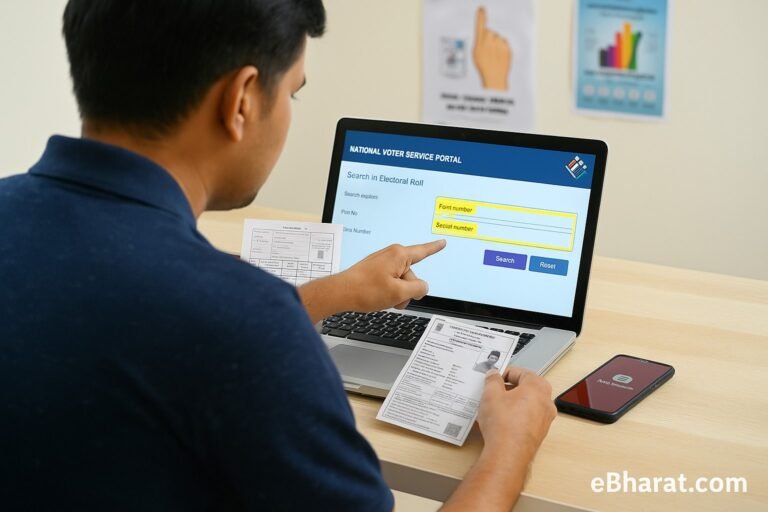 "An Indian citizen sitting at a desk using a laptop to check voter details on the NVSP portal, pointing at highlighted Part Number and Serial Number fields while holding a voter slip. A smartphone with the Voter Helpline app is on the desk, with election posters visible in the background."