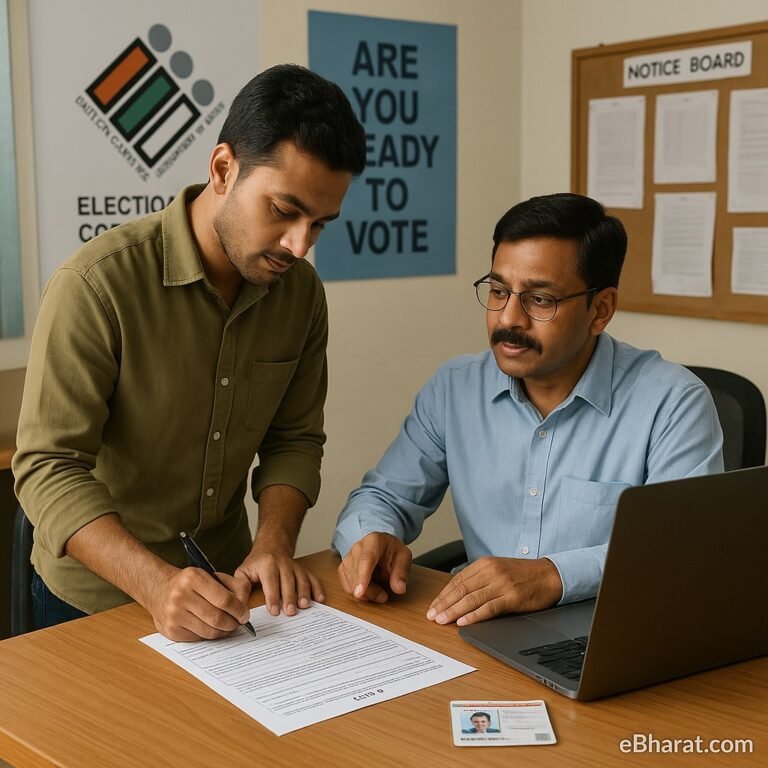 Indian citizen filling out Form 6 for Voter ID application at a government office desk, with officer guidance