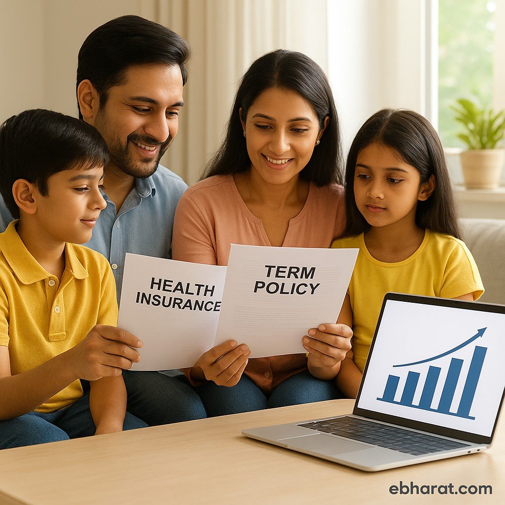 Indian family reviewing insurance papers with rising growth chart