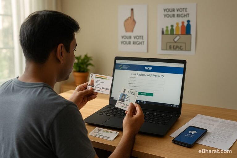 A realistic photo of an Indian citizen sitting at a desk with a laptop open on the NVSP portal “Link Aadhaar with Voter ID” page, holding an Aadhaar card in one hand and a Voter ID card in the other. A smartphone with the Voter Helpline app is on the desk alongside documents, with election posters visible in the background.