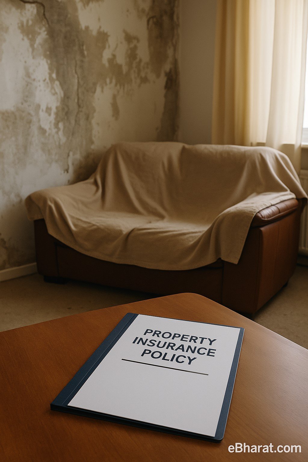 Property insurance file in a water-damaged living room