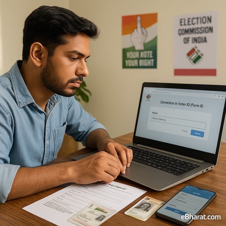 A realistic photo of an Indian citizen at home using a laptop with the NVSP portal open on the “Correction in Voter ID (Form 8)” page, carefully typing a corrected spelling. Aadhaar and Voter ID cards are placed on the desk, bright indoor daylight setting, with a subtle eBharat.com watermark.