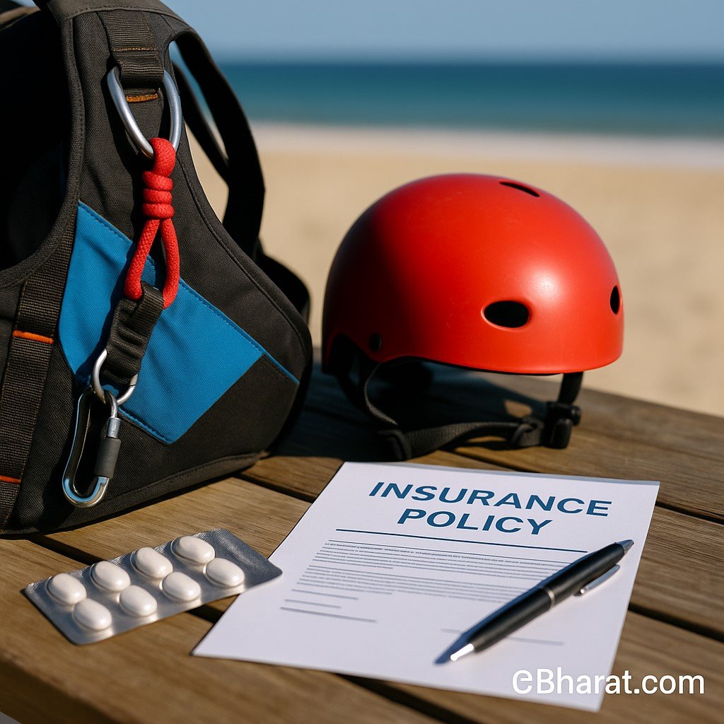 Paragliding harness and helmet with insurance policy document at a Goa beach.