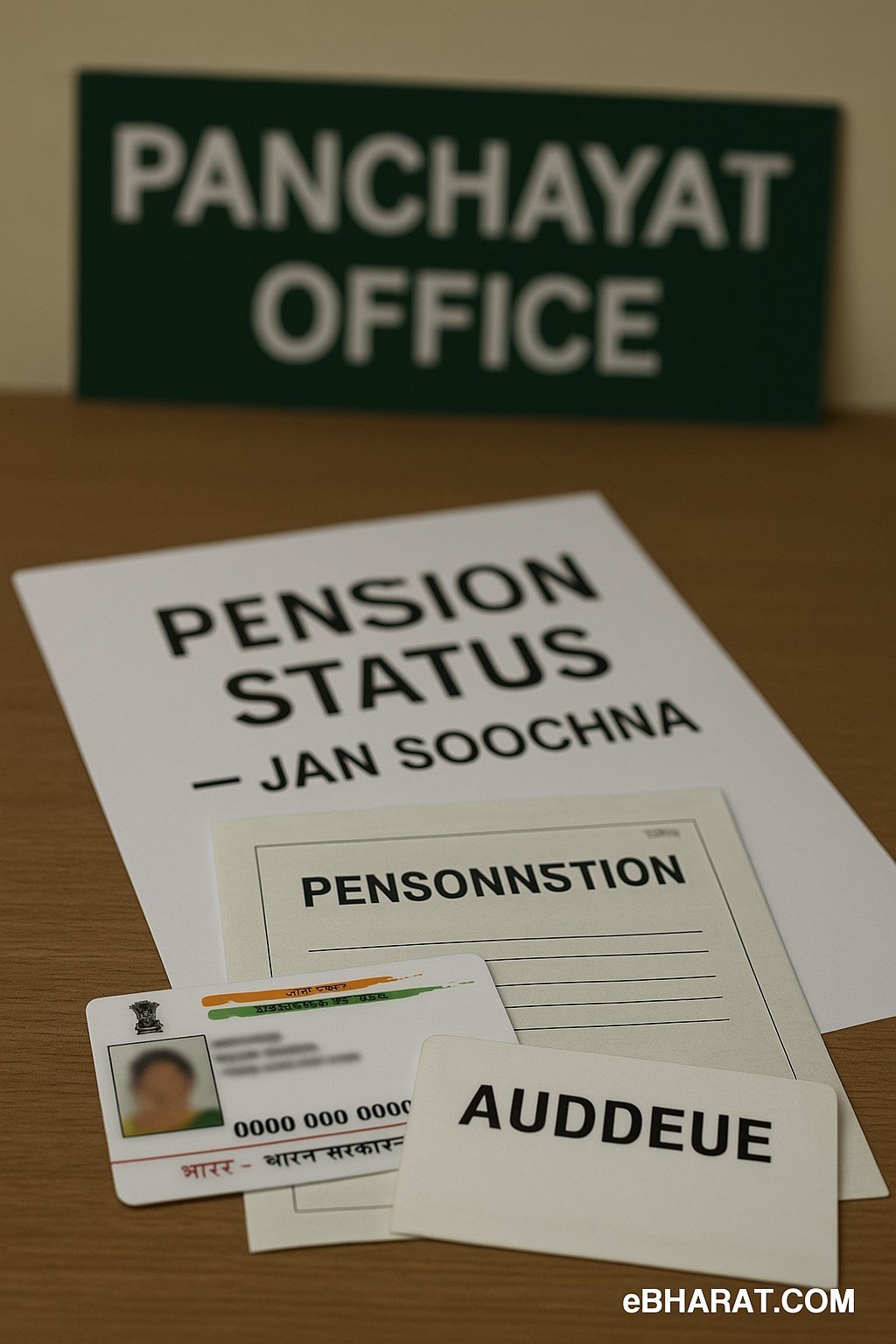 A close-up image of pension-related documents including an Aadhaar card, pension slip, and a file labeled "Pension Status – Jan Soochna" placed neatly on a wooden table. No human faces are shown.