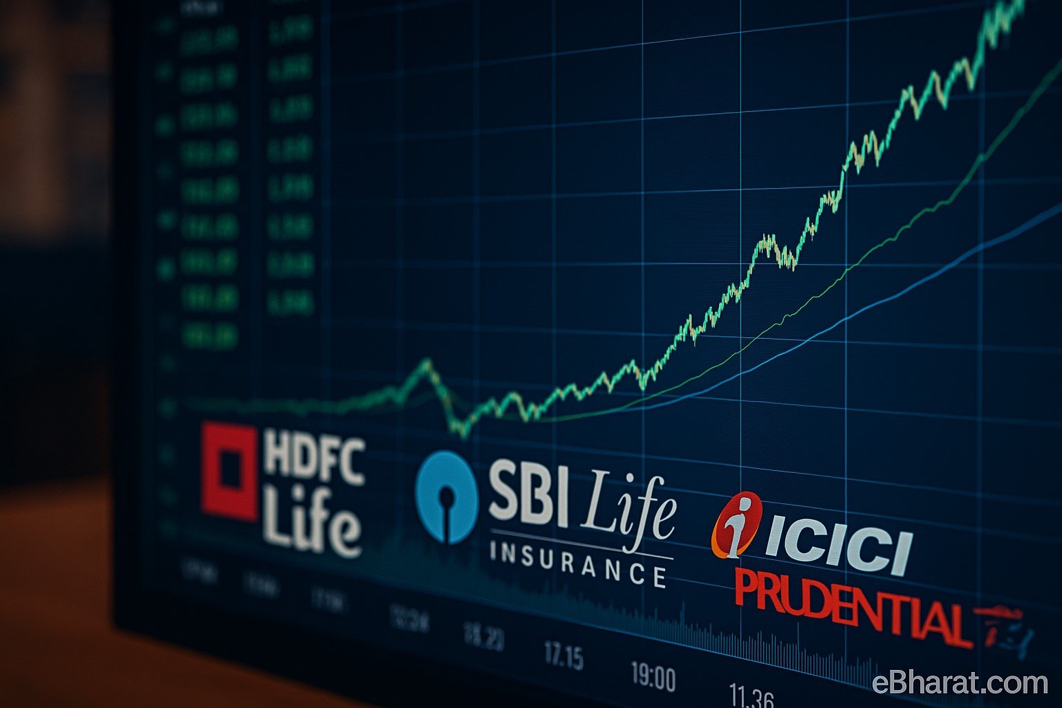 स्टॉक मार्केट स्क्रीन पर बढ़ते हुए ग्राफ़, साथ में HDFC Life, SBI Life और ICICI Prudential के लोगो दिखाए गए हैं, जो बीमा शेयरों की बढ़त का संकेत देते हैं।