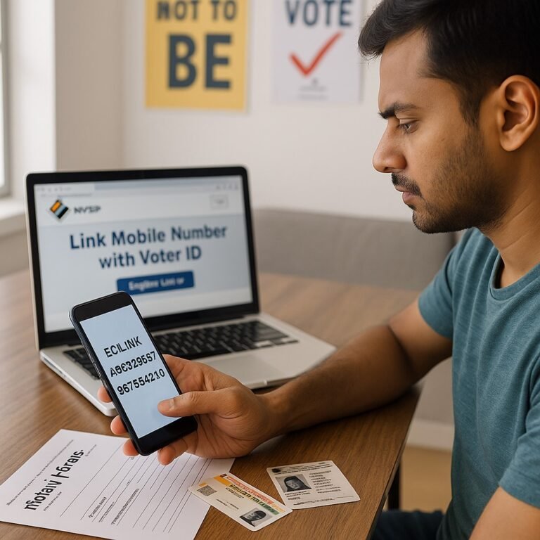 Indian citizen linking mobile number with Voter ID via SMS, showing ECILINK format on smartphone screen.