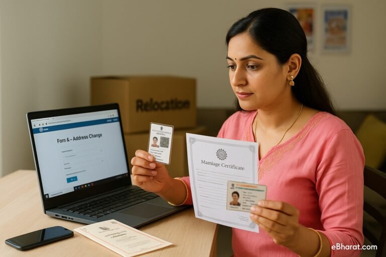 Indian woman updating voter ID address after marriage using NVSP portal with marriage certificate and voter ID card.