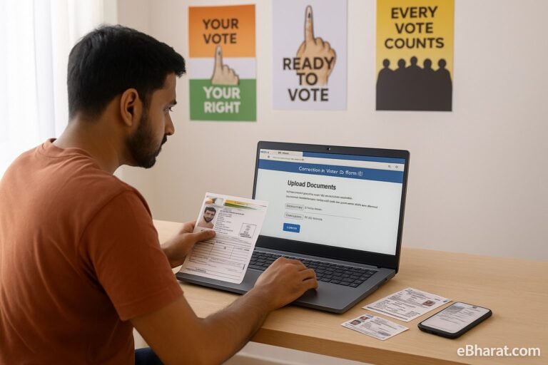An Indian citizen at home uploading scanned documents on the NVSP portal Form 8 correction page, with Aadhaar card, electricity bill, and Voter ID visible on the desk.