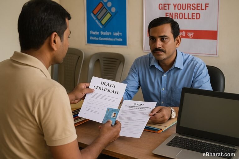 Indian citizen submitting Form 7 to remove name of deceased from voter list at election office.