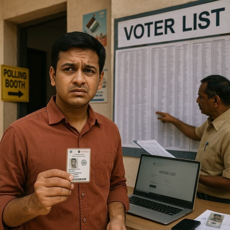 "An Indian citizen standing outside a polling booth, holding a Voter ID card and looking worried. Behind him, an officer checks names on a large printed voter list, with election posters and a polling booth sign visible.