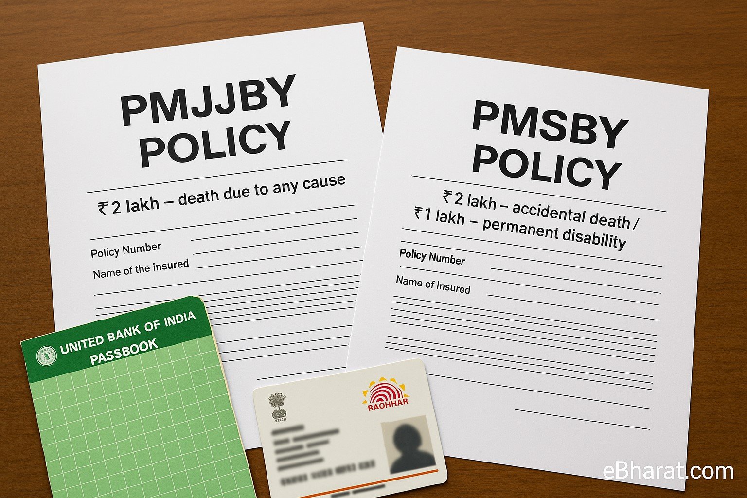 PMJJBY and PMSBY policy papers with passbook and Aadhaar card