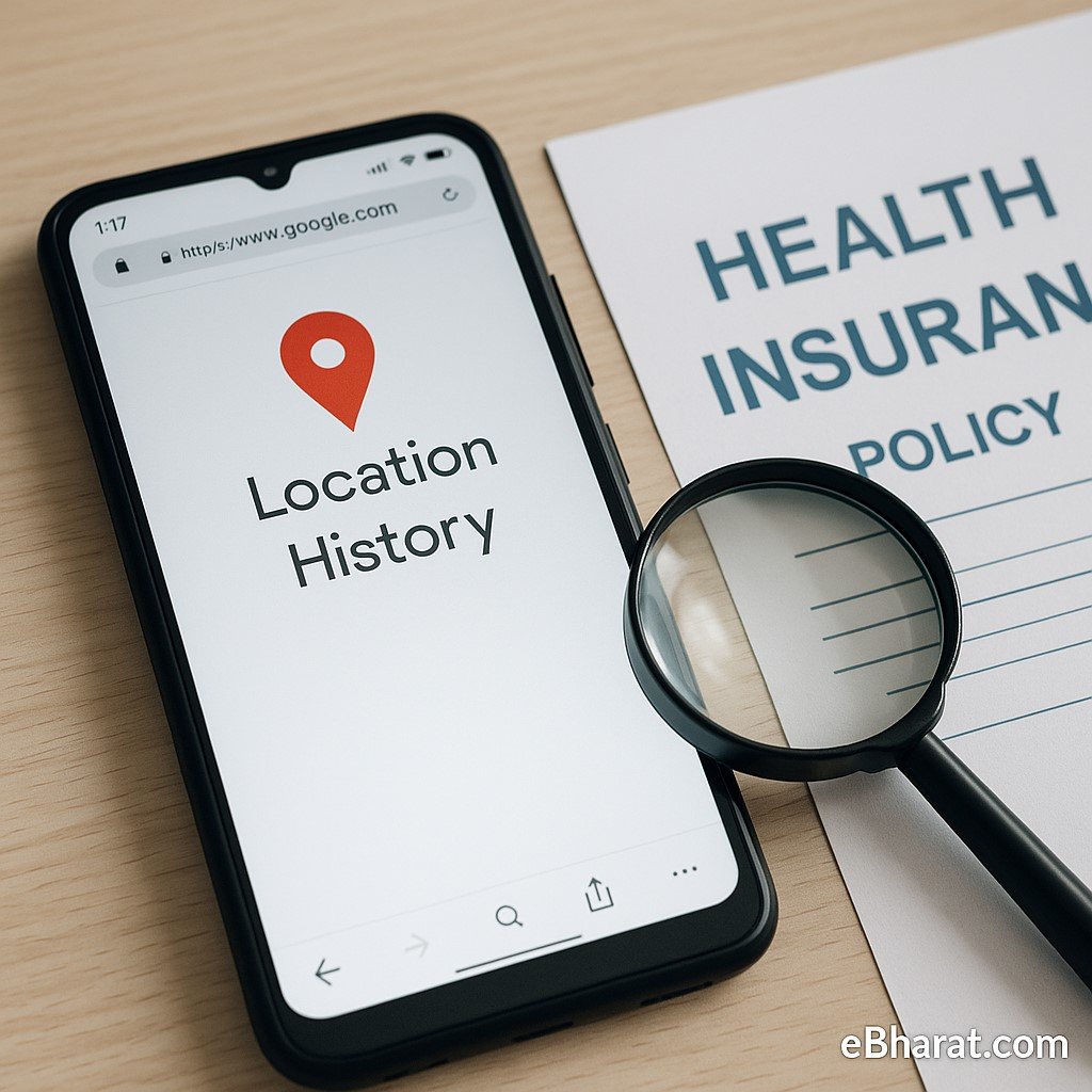 Smartphone showing Google location data with health insurance document.
