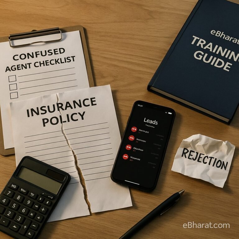 Cluttered insurance agent desk with rejection notes, missed calls, and training guide