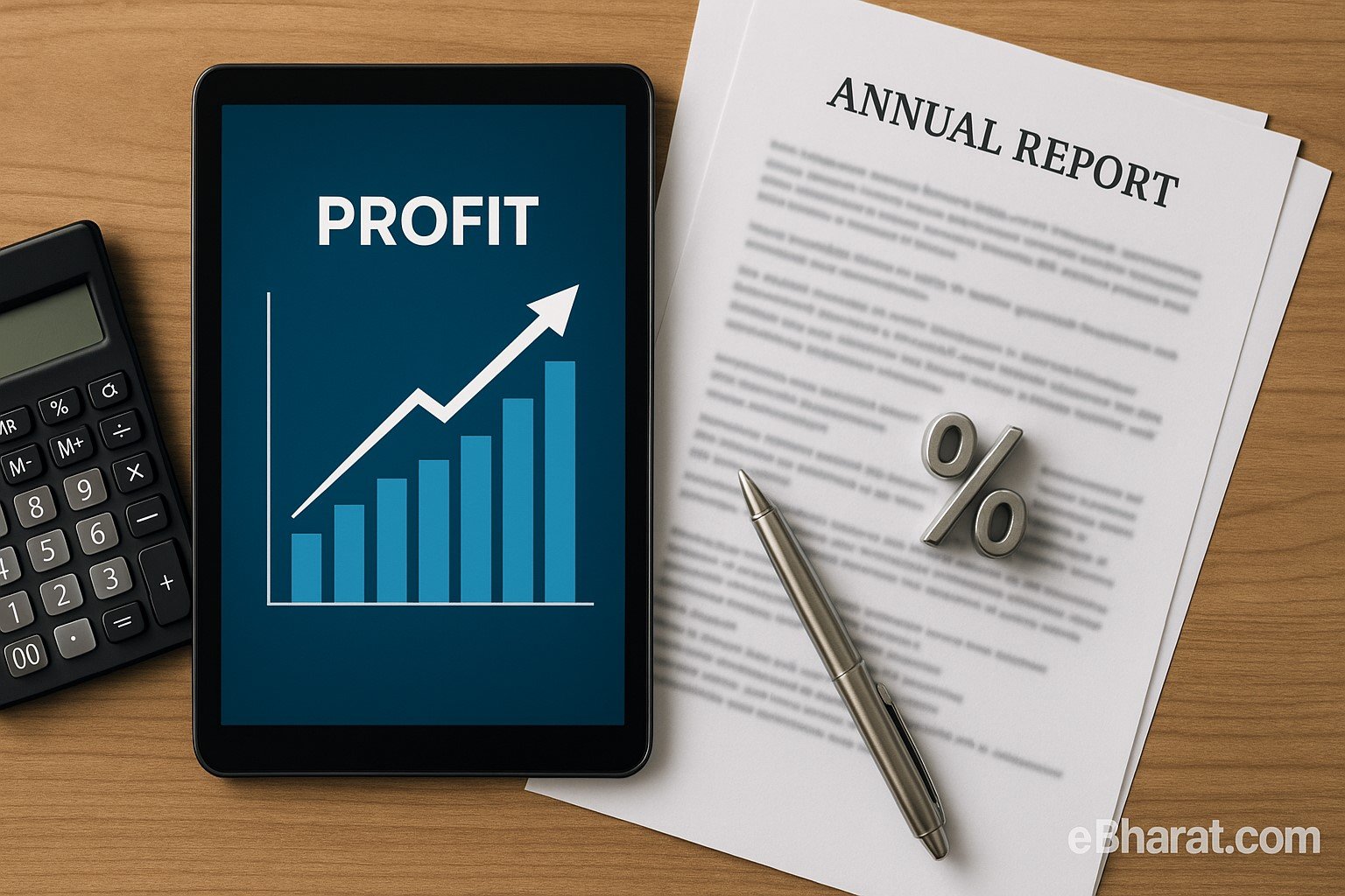 Tablet with upward profit chart beside calculator, pen and blurred annual report pages.