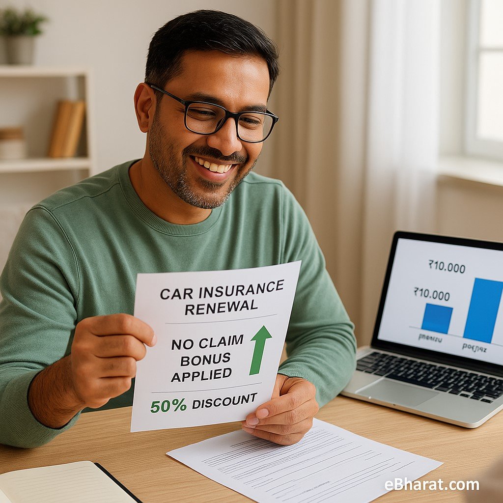 : Indian man reviewing car insurance renewal with No Claim Bonus applied, symbolizing premium discounts in 2025.