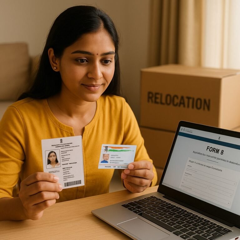 Indian woman updating Voter ID constituency online using Form 8 after relocation.