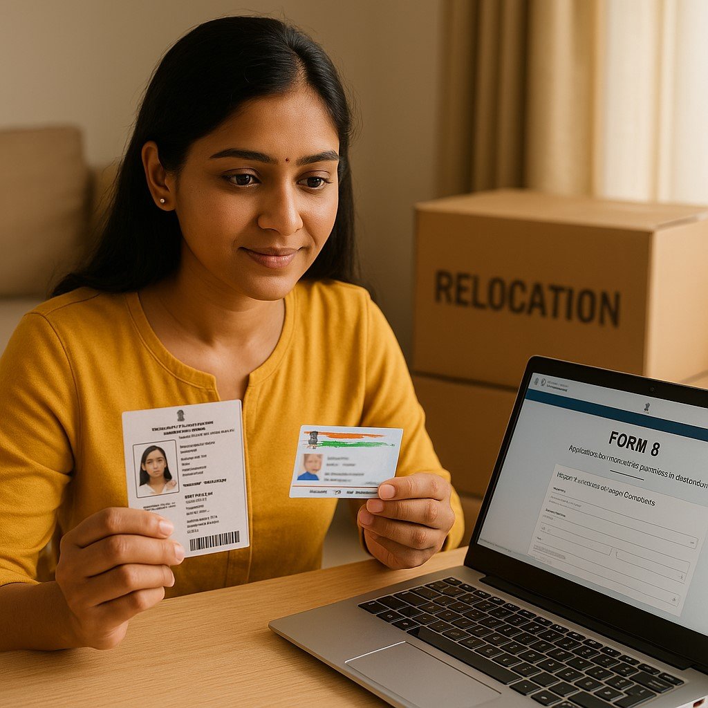 Indian woman updating Voter ID constituency online using Form 8 after relocation.