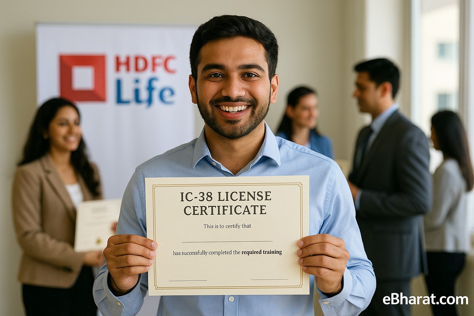 An Indian candidate proudly holding their IC-38 license certificate in front of an HDFC Life banner, symbolizing the start of their insurance career.