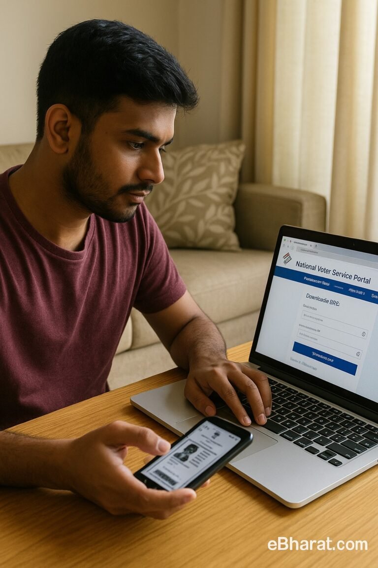 Indian youth downloading digital voter ID (e-EPIC) on laptop and smartphone via NVSP portal.